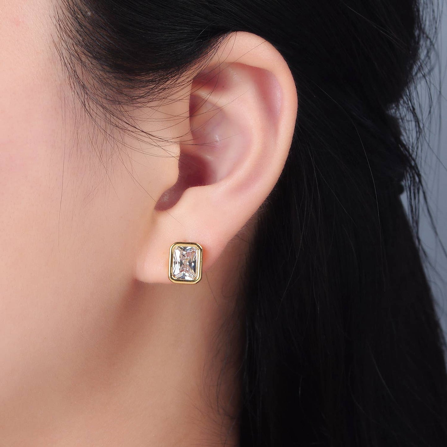 Emerald Cut CZ Bezel Stud Earring 50.00