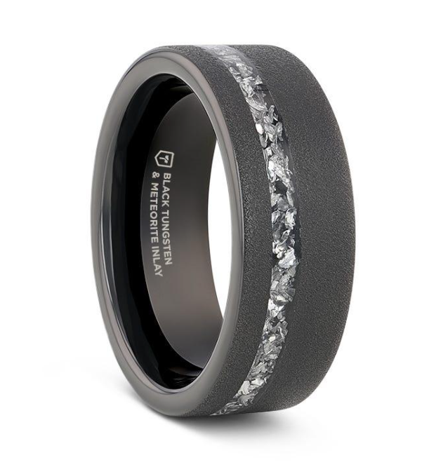 Sandblasted Balck Tungsten with Meteorite Inlay Ring 480.00