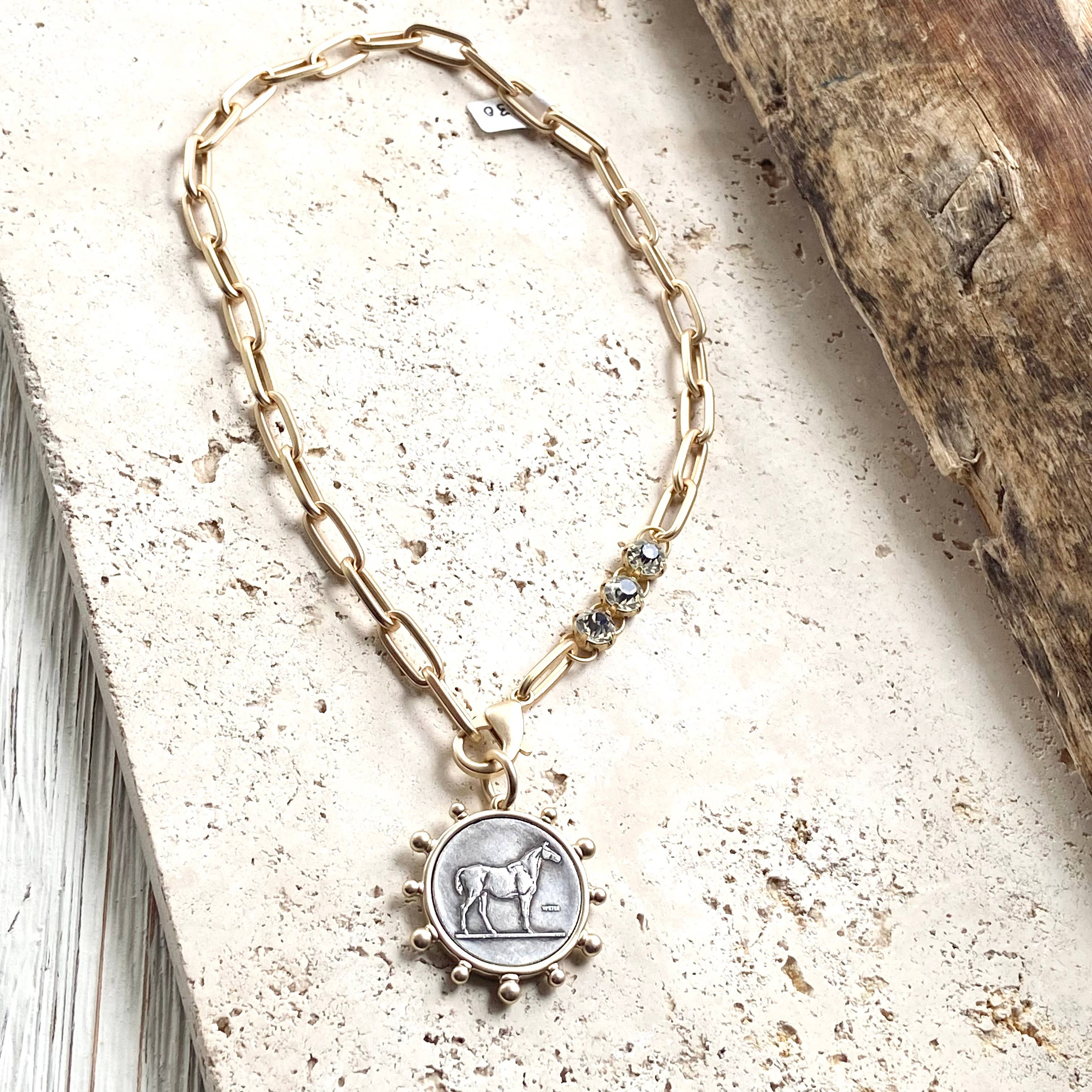 VB&CO Designs Handmade Jewelry - Horse equestrian queen French bee coin jewelry medallion: Horse / 17”