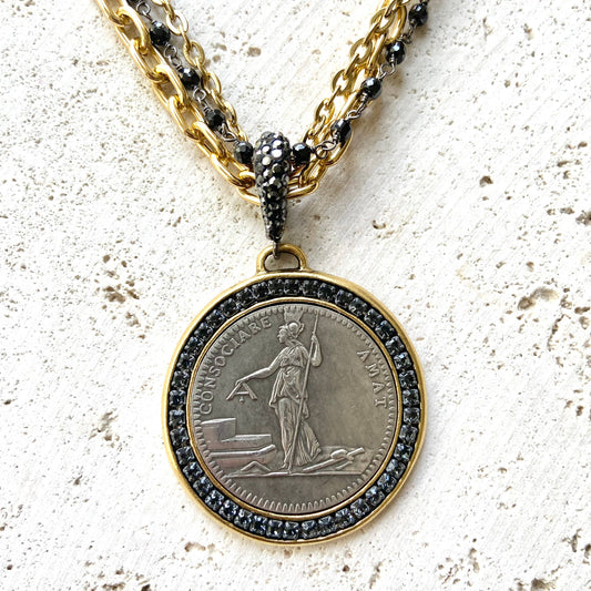 VB&CO Designs Handmade Jewelry - French revolutionary coin necklace with black spinel 