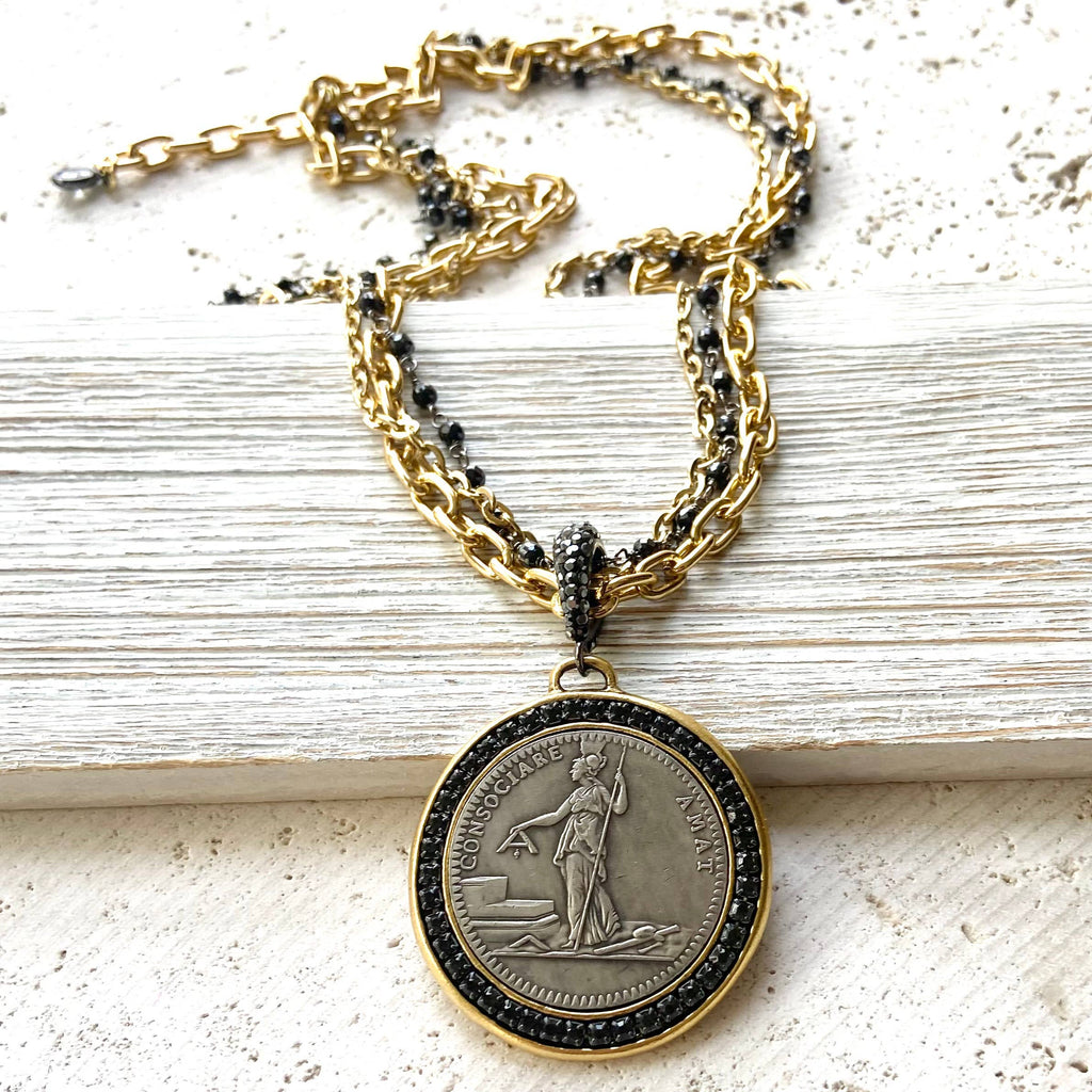 VB&CO Designs Handmade Jewelry - French revolutionary coin necklace with black spinel 