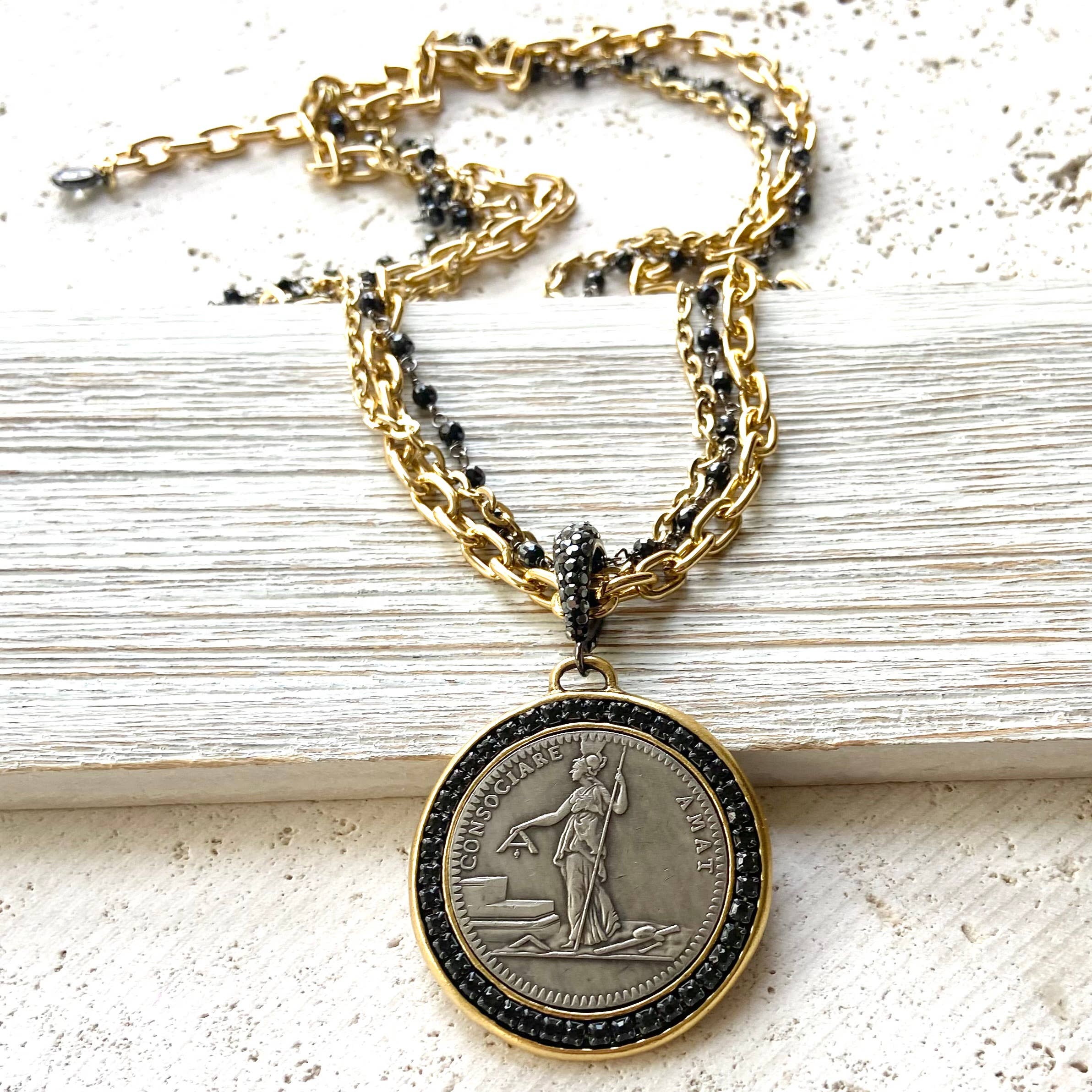 VB&CO Designs Handmade Jewelry - French revolutionary coin necklace with black spinel 