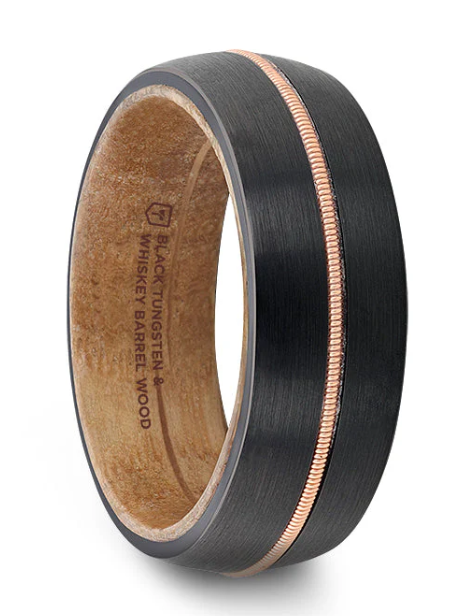 Black Tungsten with a Brass Guitar String Inlay and Whiskey Barrel Inner Sleeve 360.00