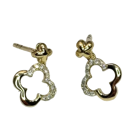 A pair of 14K yellow gold dangle earrings with diamond accents in a clover shape design.