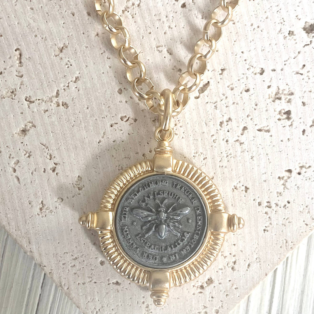 VB&CO Designs Handmade Jewelry - Bee necklace coin jewelry French matte gold boutique