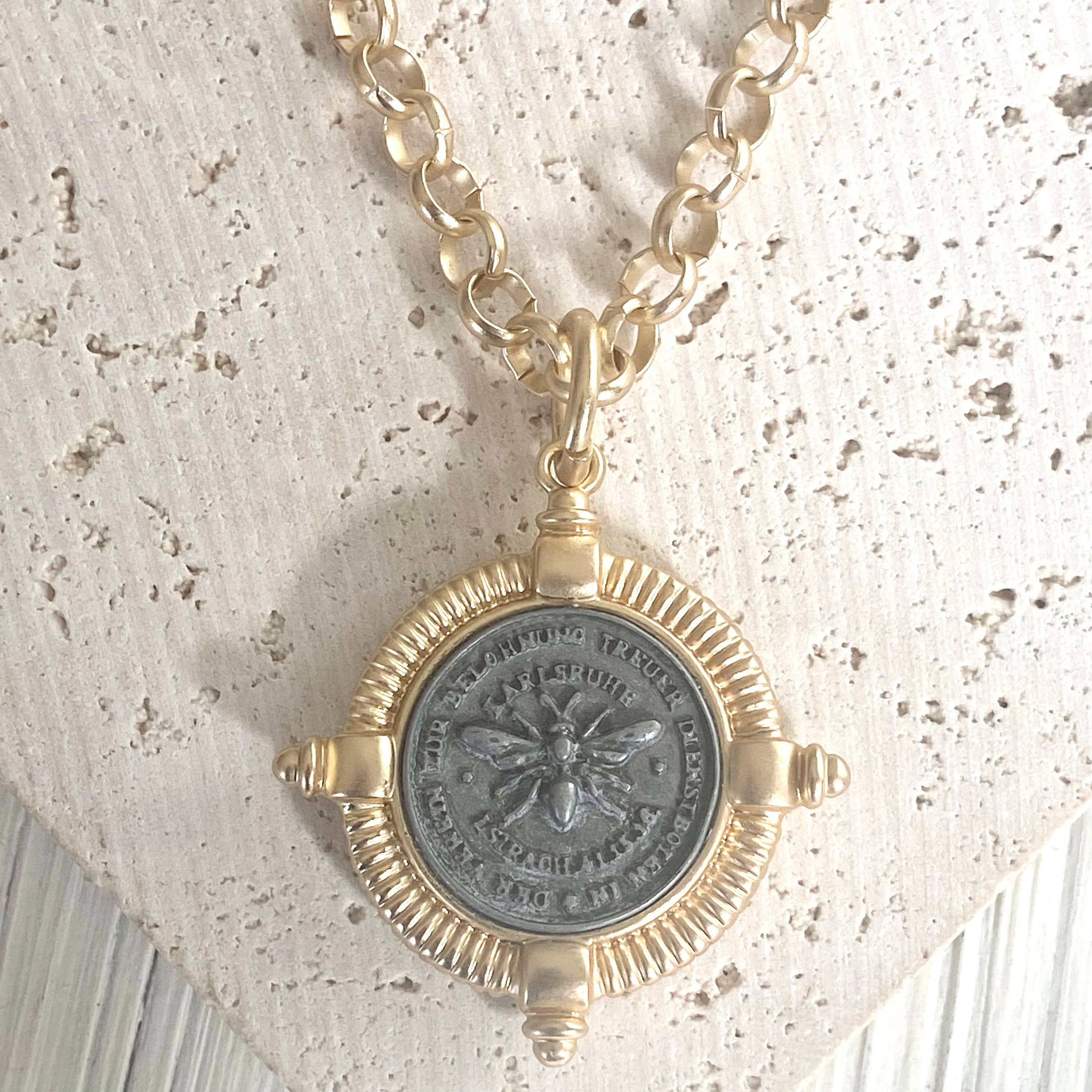 VB&CO Designs Handmade Jewelry - Bee necklace coin jewelry French matte gold boutique