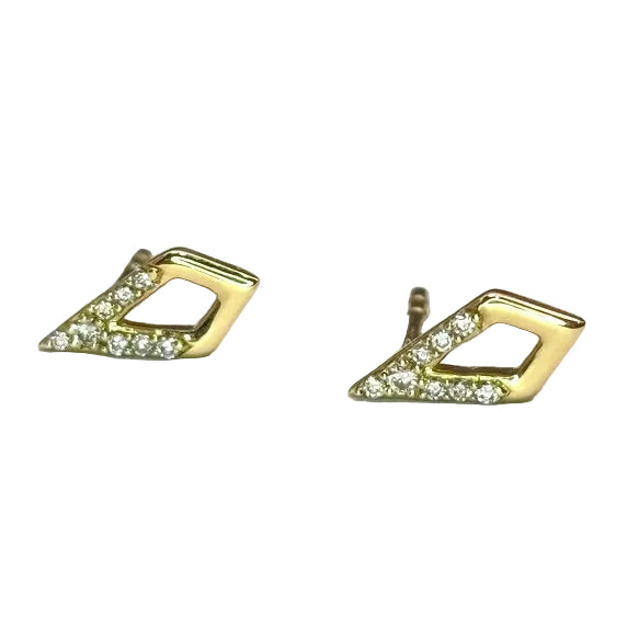 A pair of 14K yellow gold stud earrings with diamond accents in a geometric design.