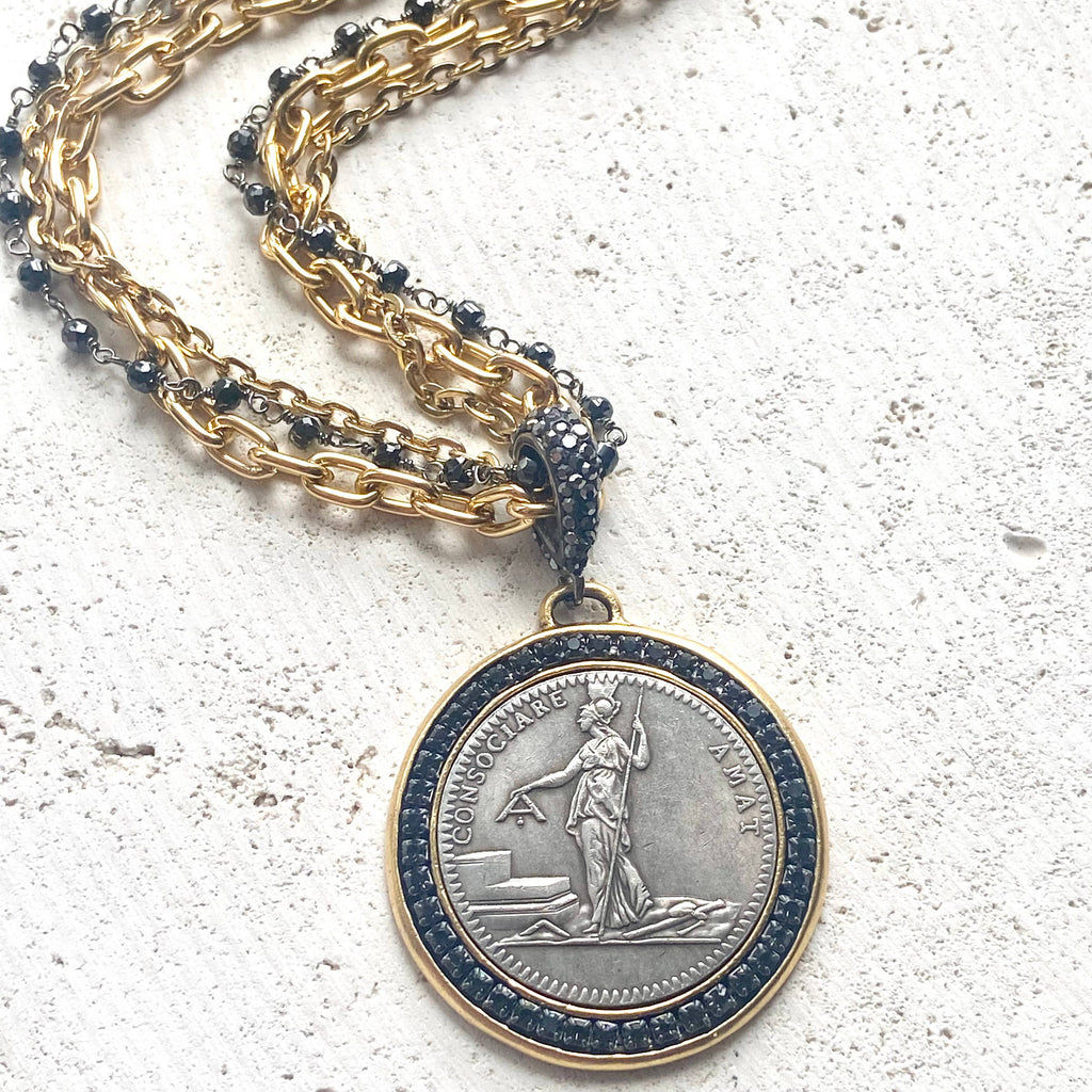 VB&CO Designs Handmade Jewelry - French revolutionary coin necklace with black spinel 