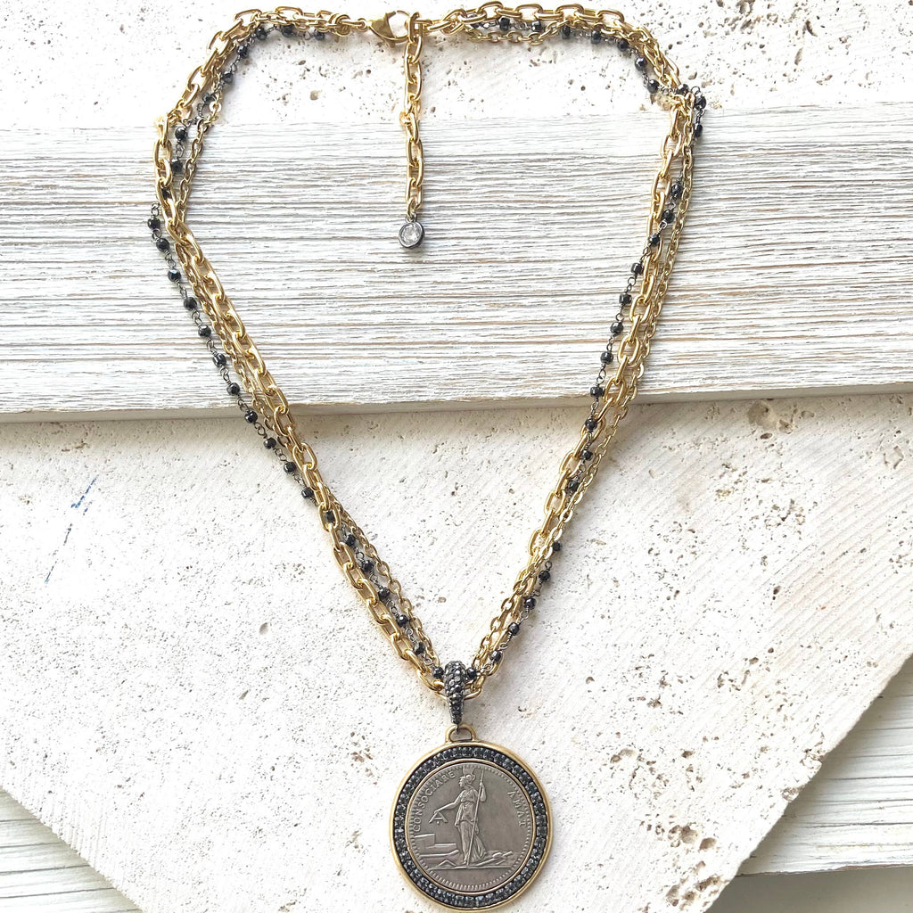 VB&CO Designs Handmade Jewelry - French revolutionary coin necklace with black spinel 