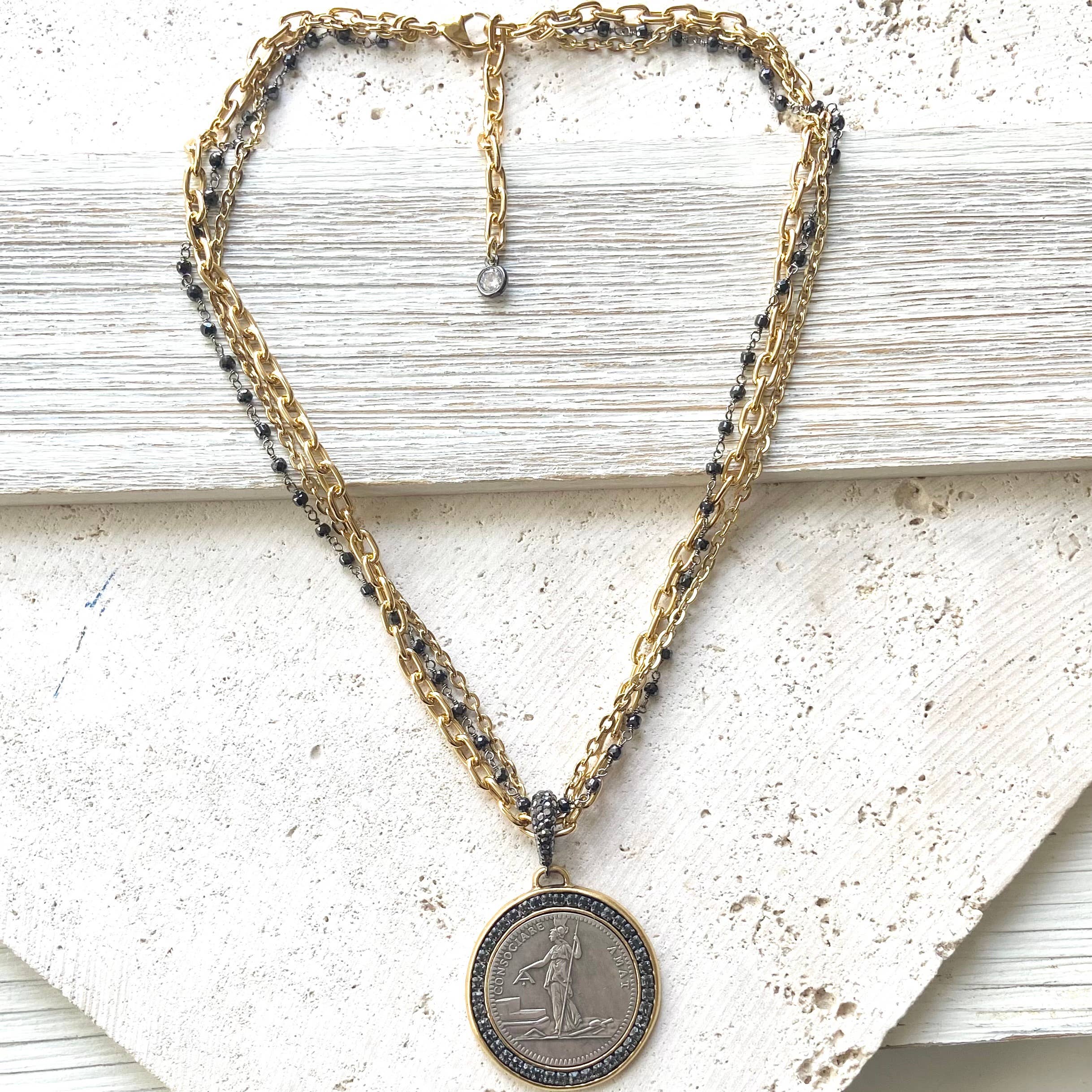 VB&CO Designs Handmade Jewelry - French revolutionary coin necklace with black spinel 