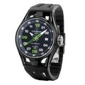 Black watch with green accents on a white background