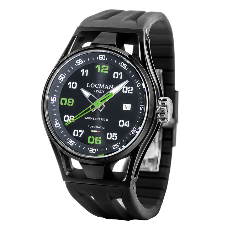 Black watch with green accents on a white background