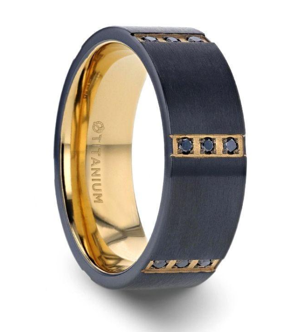 Black Titanium Ring with Yellow Gold Plating and Black Diamonds 400.00