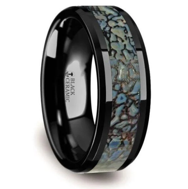 Black Ceramic and Blue Dinosaur Inlay Ring 640.00