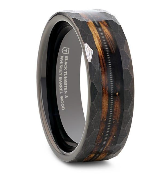 Black Tungsten with Guitar String and Charred Whiskey Barrel Inlay 360.00