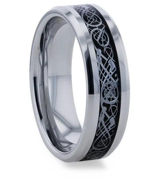 Tungsten Ring with Metal Swirl Dragon Inlay 280.00