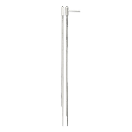 A pair of long, slim silver-toned metal earrings with a flat, straight design, shown on a plain white background.