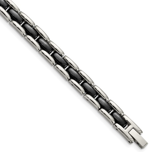 Men's Stainless Steel Polished with Black Ceramic 8" Bracelet 100.00