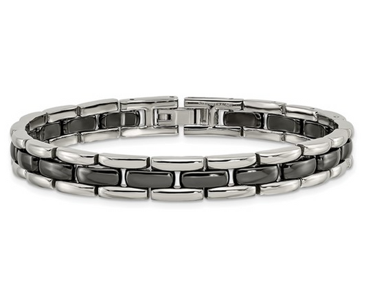 Men's Stainless Steel Polished with Black Ceramic 8" Bracelet 100.00