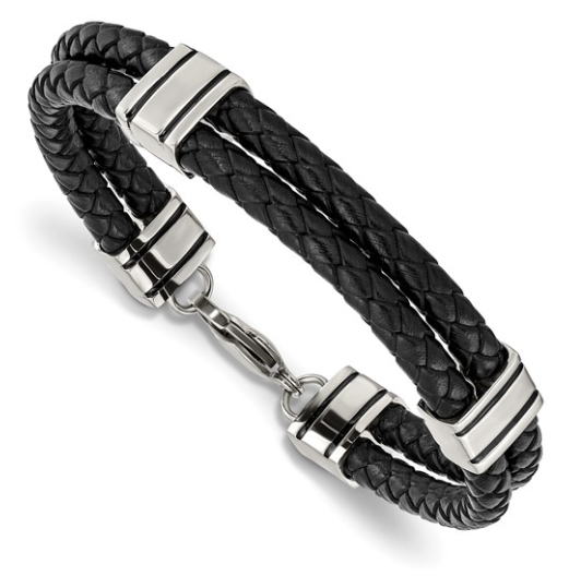 Men's Stainless Steel Polished Braided Black Leather Bracelet 69.00