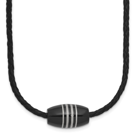 Men's Stainless Steel Polished Black Leather Cord 20" Necklace 59.00