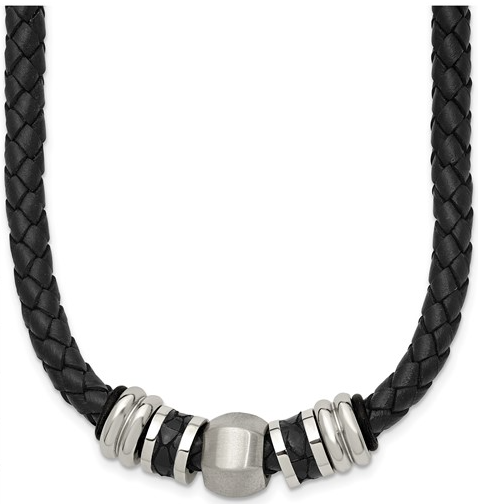 Men's Stainless Steel Brushed and Polished Black Leather and Rubber 19" Necklace 110.00