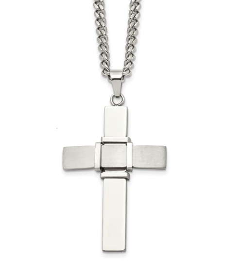 Men's Stainless Steel Brushed and Polished Cross Pendant 22" 69.00