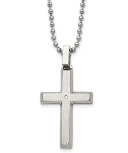 Men's Stainless Steel Brushed and Polished Diamond Cross Pendant 22" 69.00