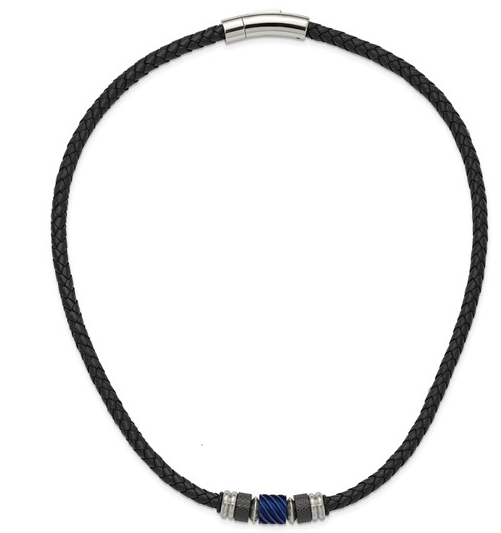 Men's Stainless Steel Brushed and Polished Black and Blue Rubber 20" Leather Necklace 110.00