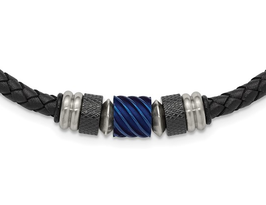 Men's Stainless Steel Brushed and Polished Black and Blue Rubber 20" Leather Necklace 110.00