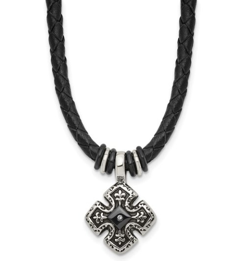 Men's Stainless Steel Polished Black Leather and CZ Necklace 21" 70.00