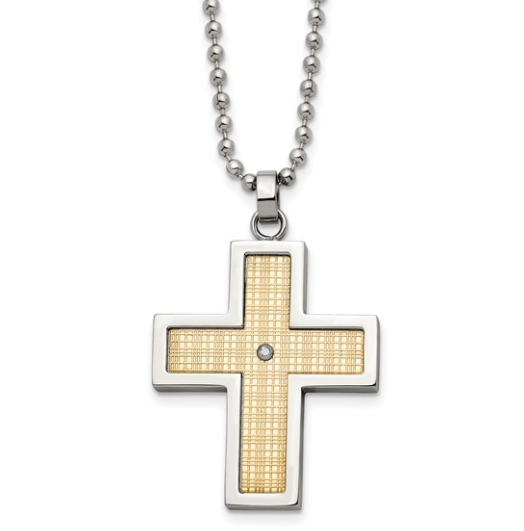 Men's Stainless Steel Polished w/ 18KY Gold Accent and Diamond Cross Pendant 24" 179.00