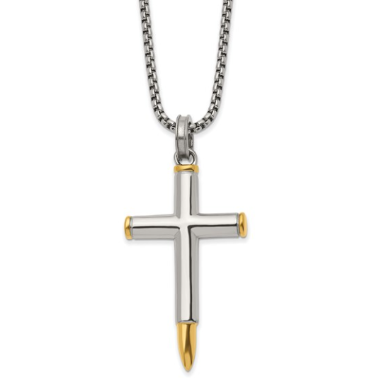 Men's Stainless Steel Polished Yellow Bullet Cross Pendant 24" 59.00