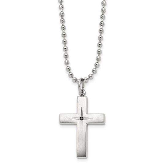 Men's Stainless Steel Polished Black Diamond Cross Pendant 24" 70.00