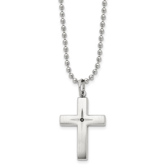 Men's Stainless Steel Polished Black Diamond Cross Pendant 24" 70.00