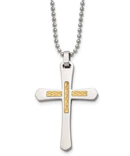 Men's Stainless Steel Polished w/ 14K Gold Accent Cross Pendant 22" 179.00