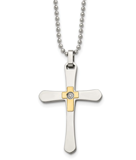 Men's Stainless Steel Polished w/ 14K Gold Accent & Diamond Cross Pendant 22" 179.00