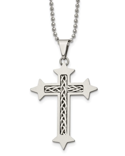 Men's Stainless Steel Brushed w/ Braided Silver Inlay Cross 24" 69.00