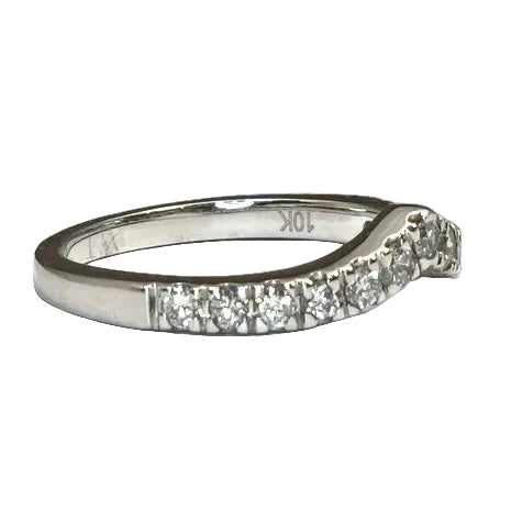 A white gold curved band ring with diamond accents, size 7.