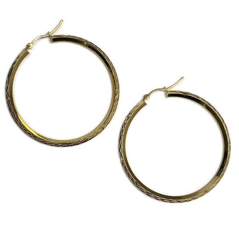 A pair of 14k yellow gold hoop earrings with a diameter of 1.75 inches.