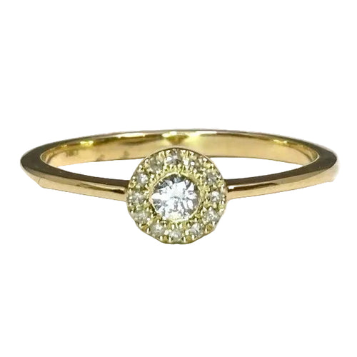 A gold and diamond round halo ring with a central diamond surrounded by a halo of smaller diamonds set in a yellow gold band.