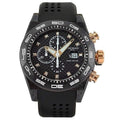 Front view of LOCMAN Stealth 300 Carbon chronograph with black dial, gold-tone crown and pushers, and black silicone strap.
