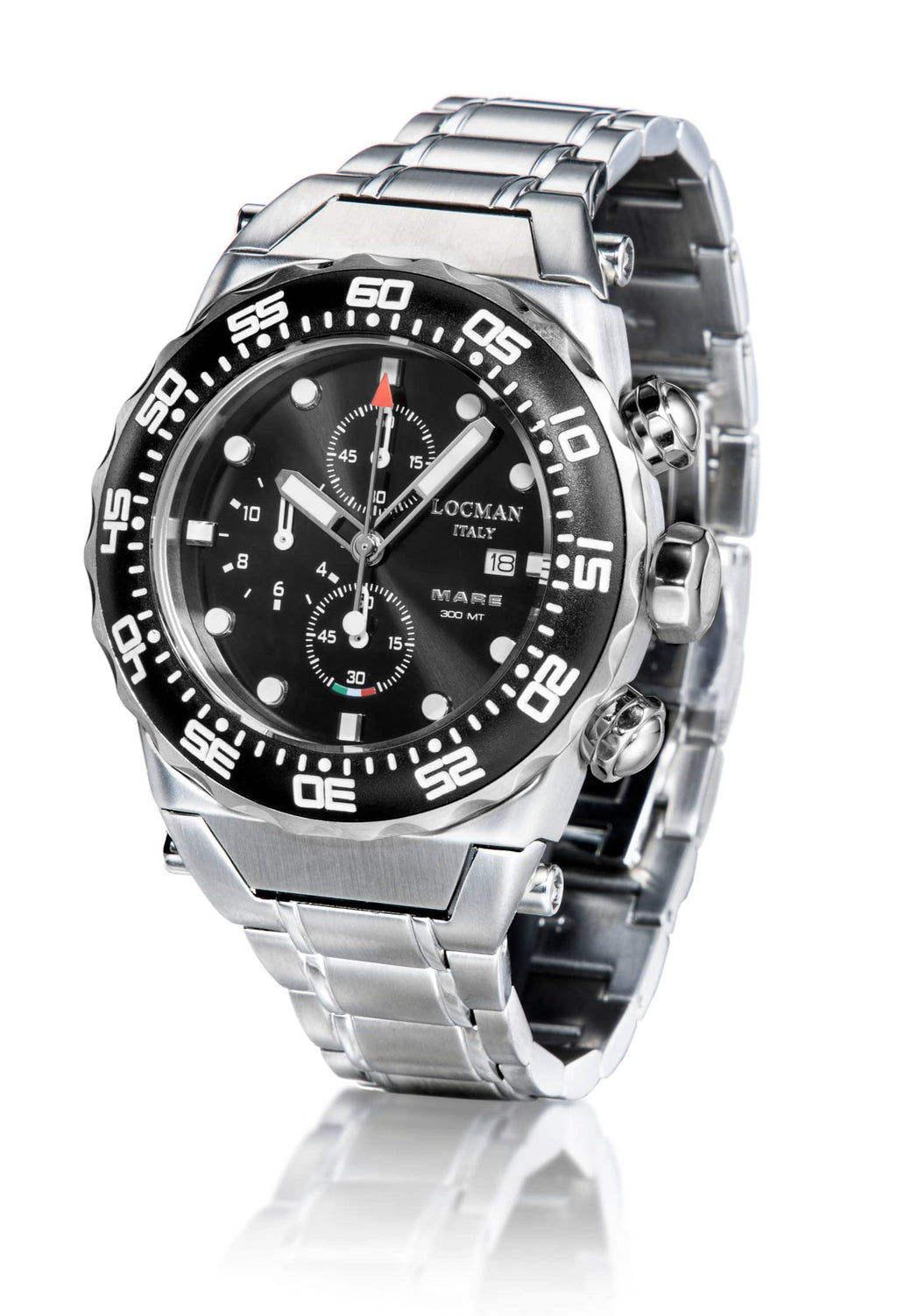 angled view of silver watch with black face on a white background