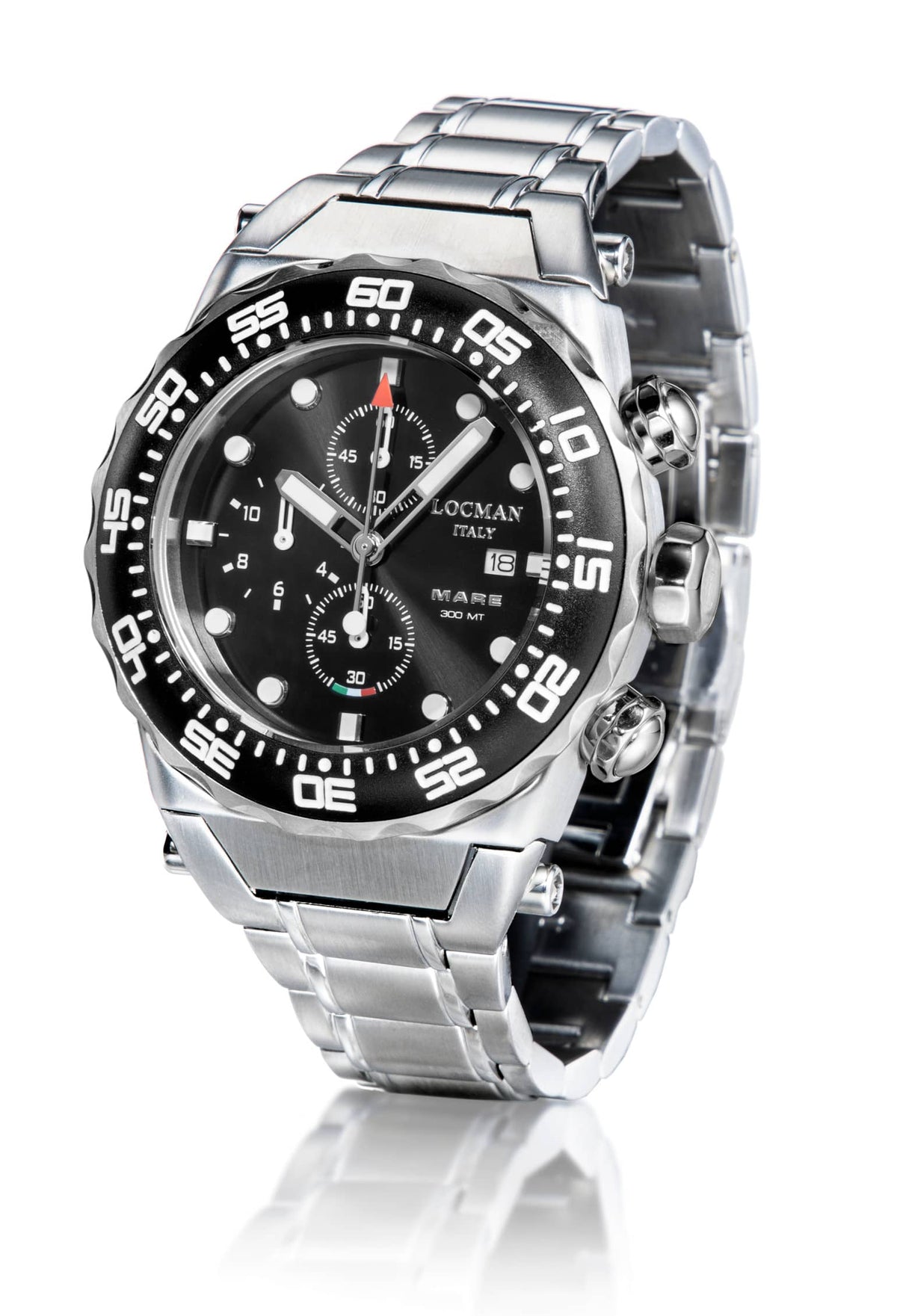 angled view of silver watch with black face on a white background
