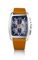 full view of silver toned watch with orange band and silver and blue face.