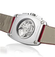 back of watch showcasing the skeleton, all the gears within the movement of the watch.